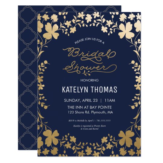 Bridal Shower Invitation, Vintage Navy Gold Flower Card