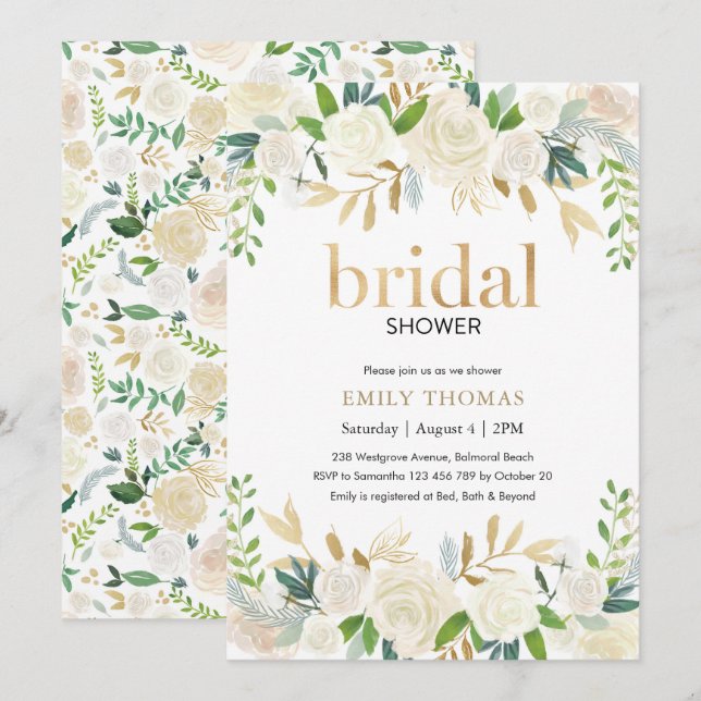 Bridal Shower Invitation | White and gold floral (Front/Back)