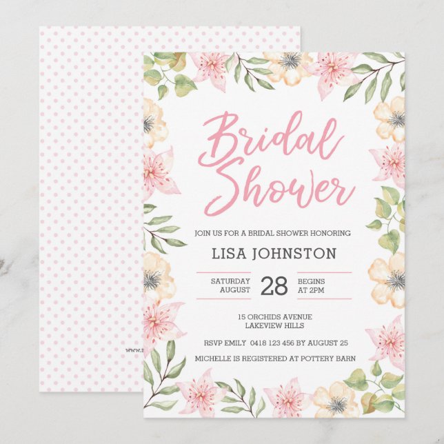Bridal Shower Invitation | White and pink flowers (Front/Back)