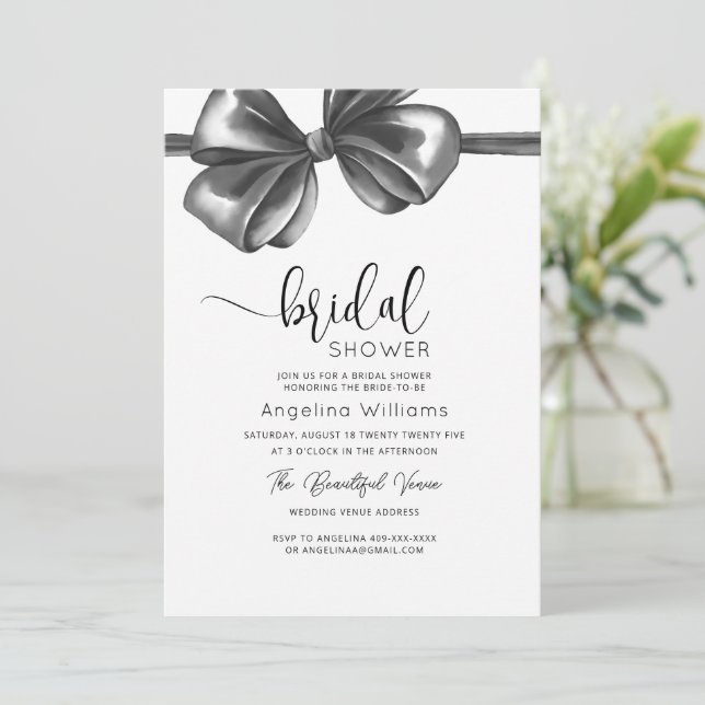  Bridal Shower Invitation with a black bow. (Standing Front)