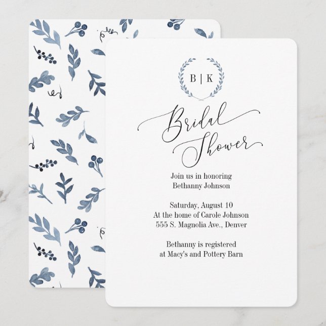 Bridal Shower invitation with blue laurel monogram (Front/Back)