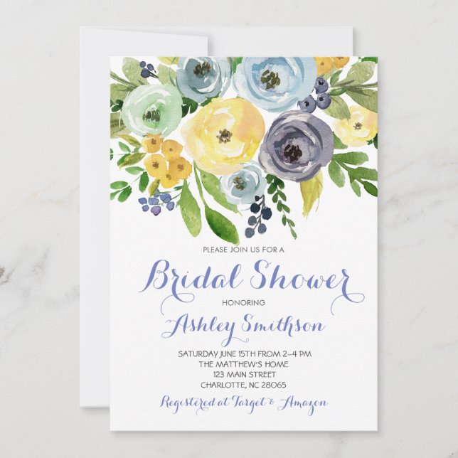 Bridal Shower Invitations, blue yellow flowers Invitation (Front)