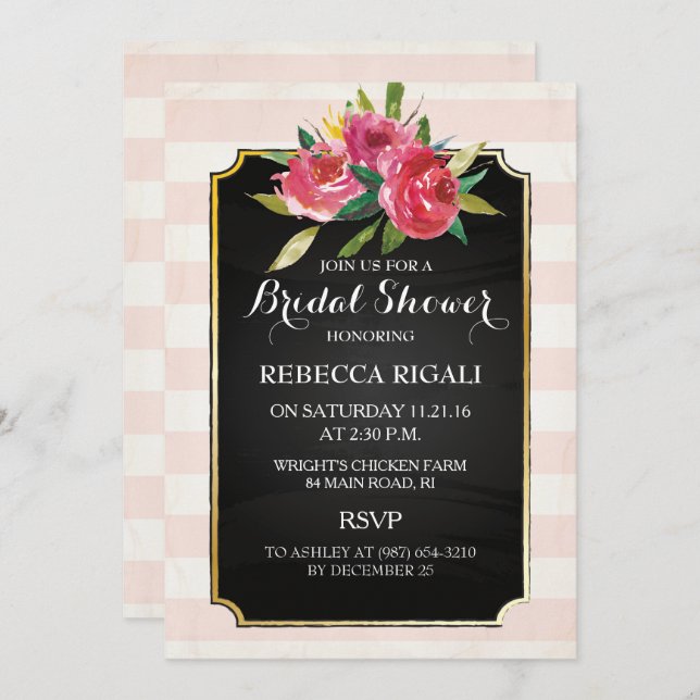 Bridal Shower Invite ~ Floral Pink Stripes (Front/Back)