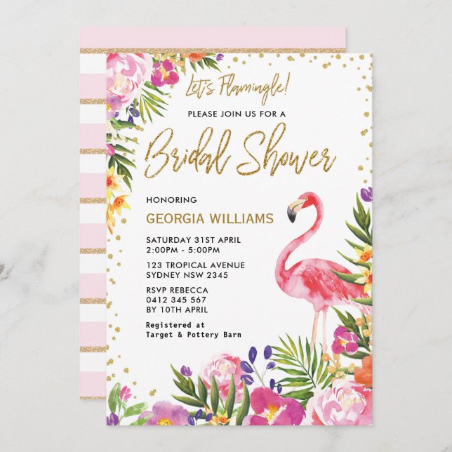 Bridal Shower Invite Pink Flamingo Tropical Floral (Front/Back)