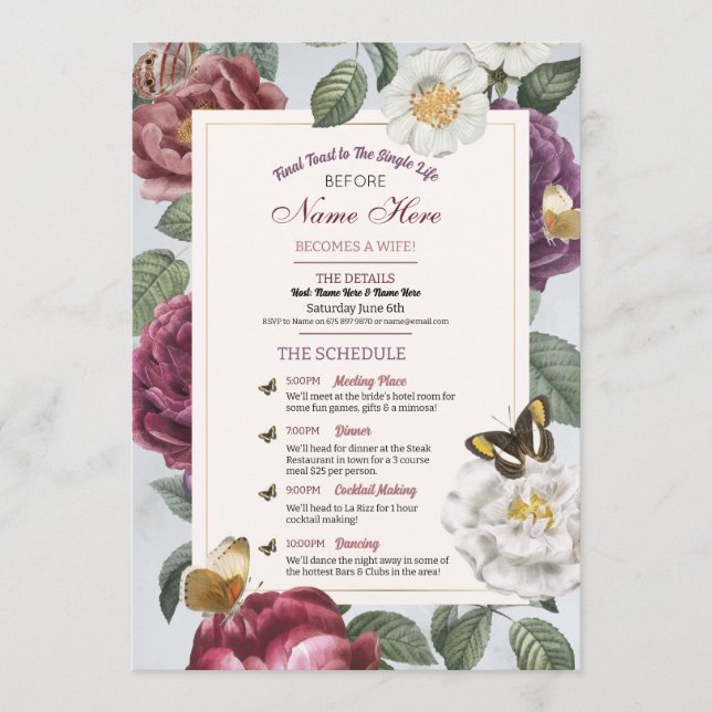 Bridal Shower Itinerary Bloom Floral Butterfly Program (Front)
