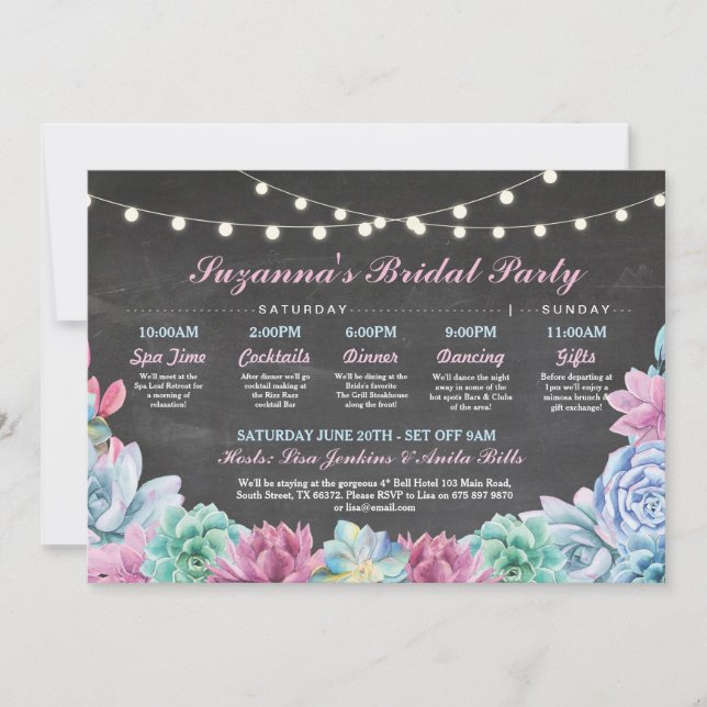 Bridal Shower Itinerary Succulent Blue Pink Floral Invitation (Front)