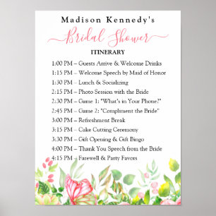 Bridal Shower Itinerary 🎀 Watercolor Floral Plan  Poster