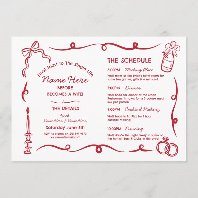 Bridal Shower Itinerary Whimsical Hand Drawn Program (Front)