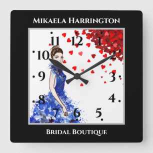 Bridal Shower Lady with Sparkly Blue Gown Hearts Square Wall Clock