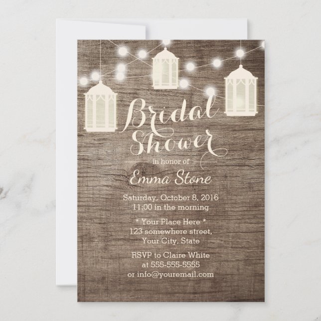 Bridal Shower Lanterns & Strings Rustic Wood Invitation (Front)