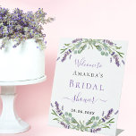 Bridal Shower lavender eucalyptus greenery welcome Pedestal Sign<br><div class="desc">For a Bridal Shower. A chic white background. Decorated with lavender florals,  flowers and eucalyptus greenery.  Violet and black letters.</div>