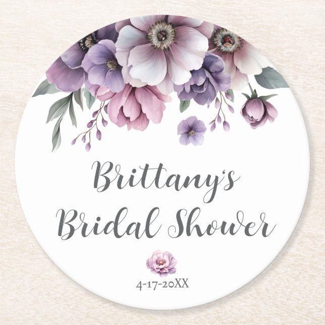 Bridal Shower Lavender Floral Paper Coaster (Front)