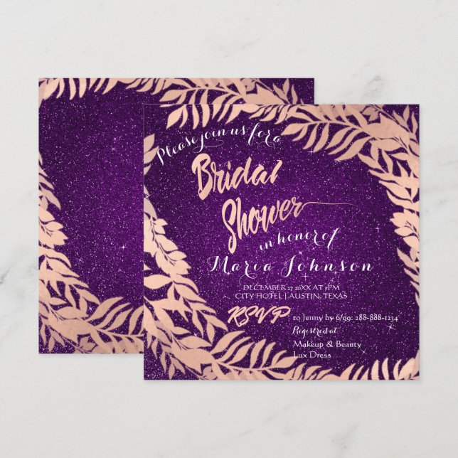 Bridal Shower Leafs Glitter Rose Gold Violet Purpl Invitation (Front/Back)
