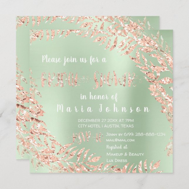 Bridal Shower Leafs Wreath Pink Rose Mint Green Invitation (Front/Back)