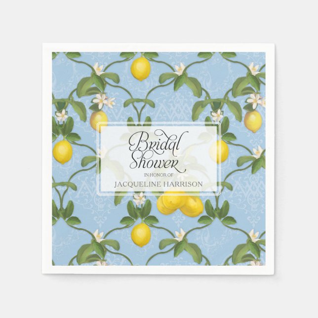 Bridal Shower Lemon Espalier Blue Citrus Floral Napkin (Front)