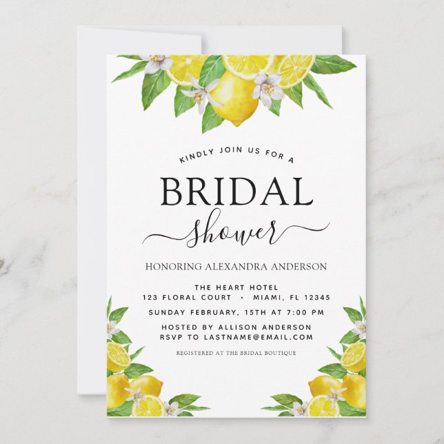 Bridal Shower Lemon Watercolor Citrus Yellow Invitation (Front)
