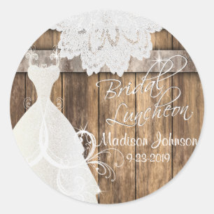 Bridal Shower Luncheon - Rustic Wood and Lace Classic Round Sticker