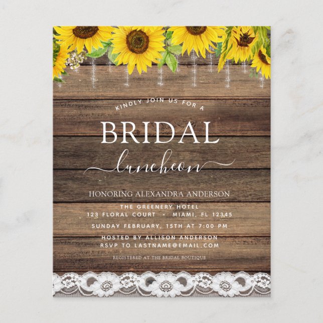 Bridal Shower Luncheon Sunflower Rustic Farmhouse  Flyer (Front)