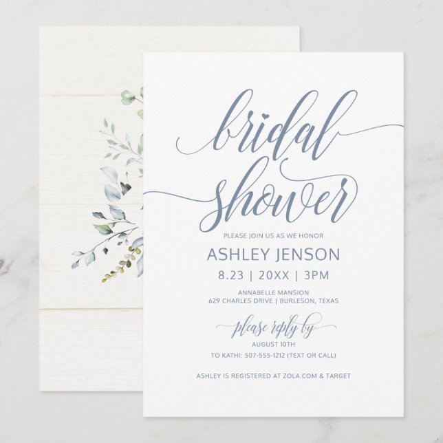 Bridal Shower Luxe Calligraphy Dusty Blue Floral Invitation (Front/Back)