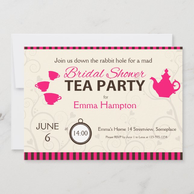 Bridal shower mad tea party pink brown stripes invitation (Front)