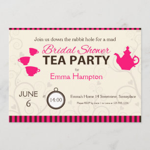 Bridal shower mad tea party pink brown stripes invitation