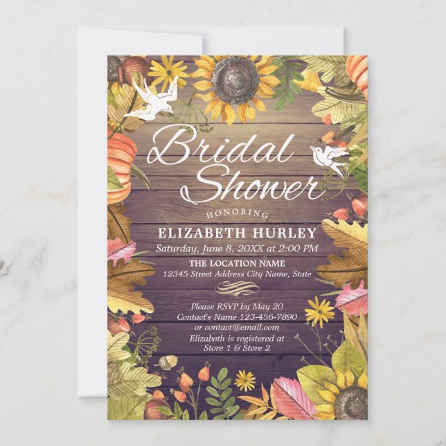 Bridal Shower Maple Leaves Pumpkins Sunflower Wood Invitation (Front)