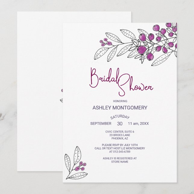 Bridal Shower Minimalist Purple Leaves Berries Invitation (Front/Back)