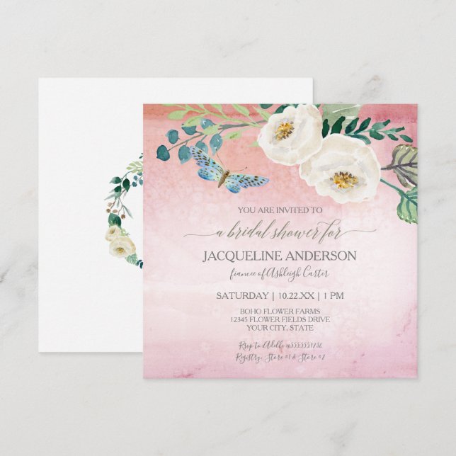 Bridal Shower Modern Butterfly Roses Pink Wreath Invitation (Front/Back)