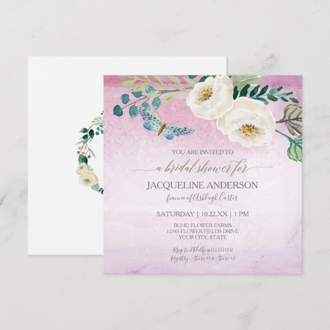 Bridal Shower Modern Butterfly Roses Purple Wreath Invitation (Front/Back)