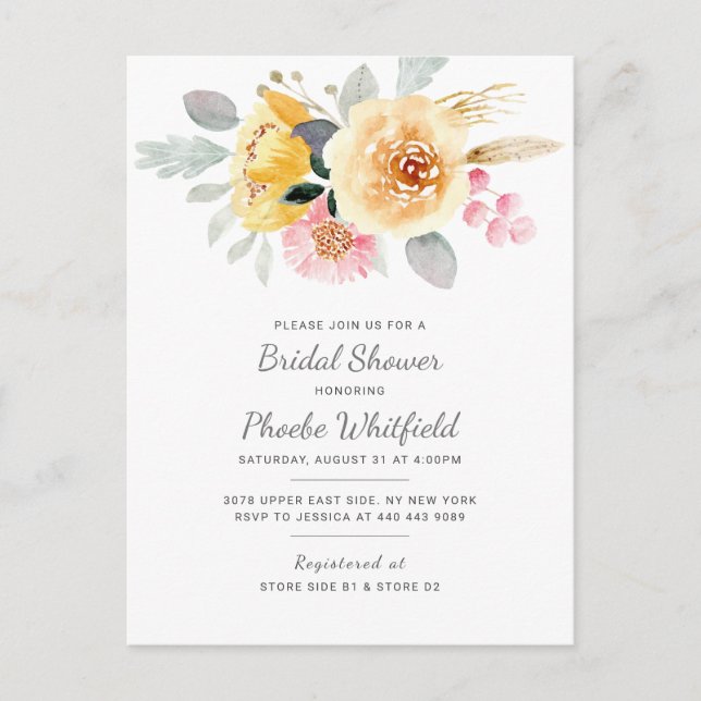 Bridal Shower Modern Floral Rustic Pink Yellow Invitation Postcard (Front)