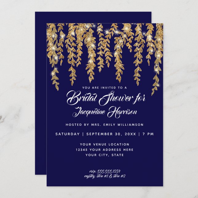 Bridal Shower Modern Navy Gold Twinkle Lights Invitation (Front/Back)