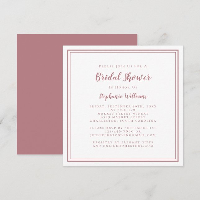 Bridal Shower Modern Square Elegant Dusty Rose Invitation (Front/Back)