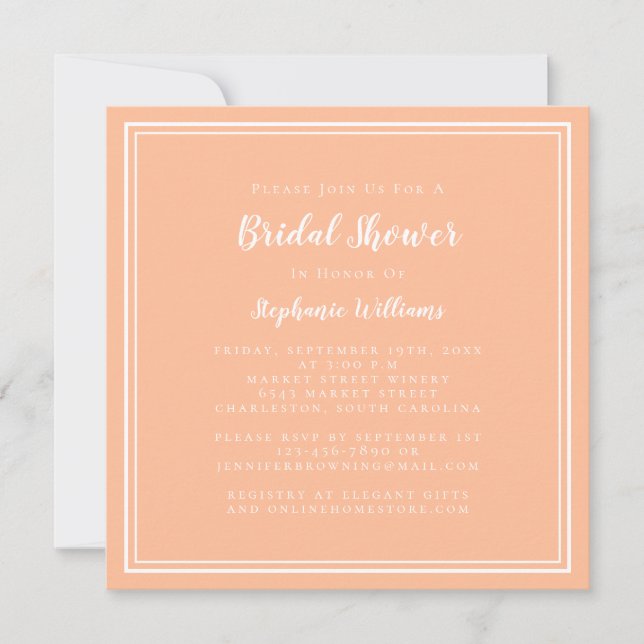 Bridal Shower Modern Square Elegant Peach White Invitation (Front)