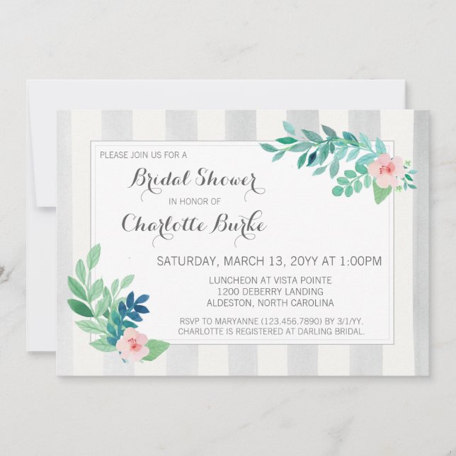 Bridal Shower Modern Stripes & Watercolor Floral Invitation (Front)