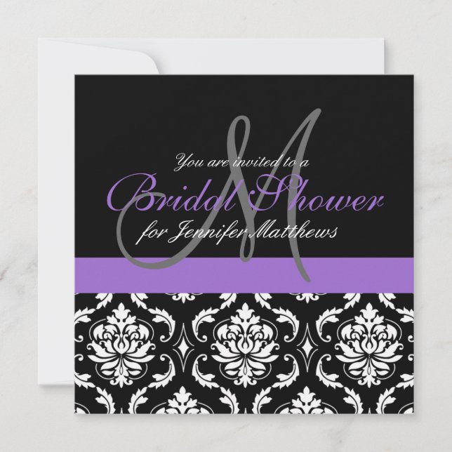 Bridal Shower Monogram Damask Invitations Purple (Front)