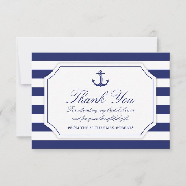 Bridal Shower Nautical Anchor Navy Blue Thank You Card (Front)