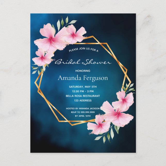 Bridal shower navy blue blush pink florals postcard (Front)
