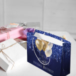 Bridal Shower navy blue gold glitter drip balloons Large Gift Bag<br><div class="desc">A navy blue background decorated with glitter drips and golden balloons.  The blue colour is uneven. Personalize and add a date,  name. The text: The name is written in white with a modern hand lettered style script</div>