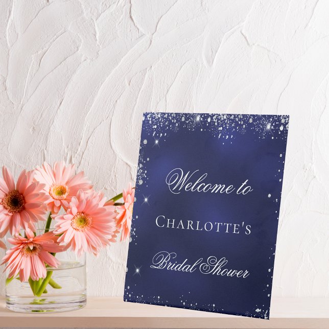 Bridal Shower navy blue silver glitter welcome Pedestal Sign (Creator Uploaded)