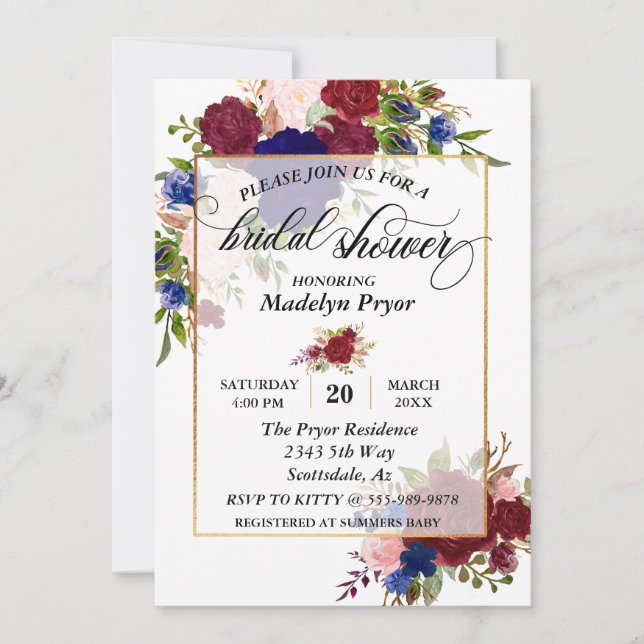Bridal Shower Navy Burgundy Gold Frame Gold Invitation (Front)