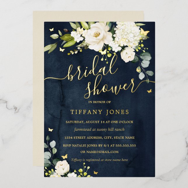 Bridal Shower Navy Champagne Floral Gold  (Front/Back)