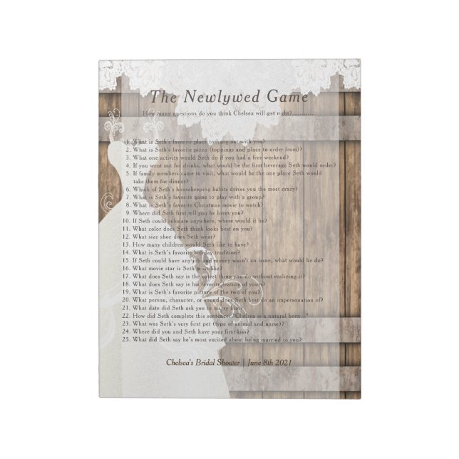 Bridal Shower Newlywed Game - Rustic Wood and Lace Notepad (Rotated)