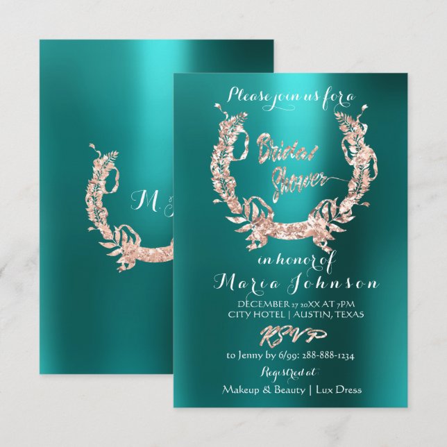Bridal Shower Olive Wreath  Rose Gold Teal Aquatic Invitation (Front/Back)