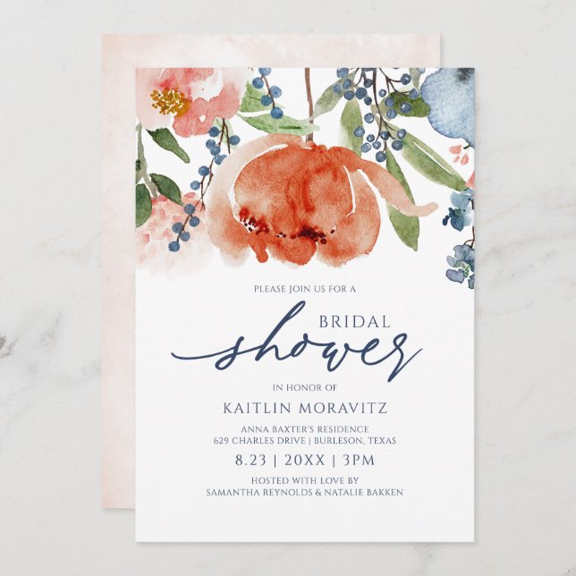 Bridal Shower Orange Blue Peonies Botanical Floral Invitation (Front/Back)