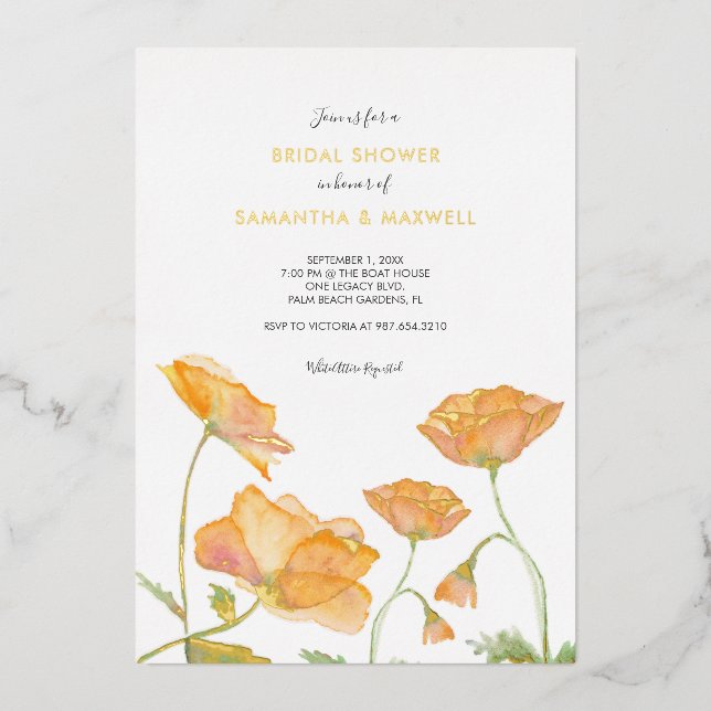 Bridal Shower Orange Floral Watercolor Foil Invita (Front)