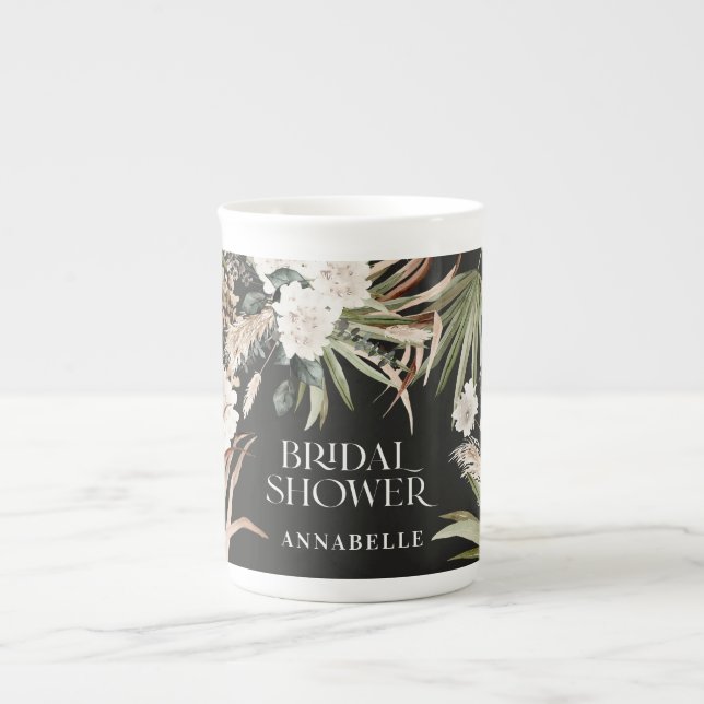 Bridal shower pampas black modern boho party favou bone china mug (Front)