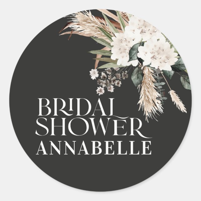 Bridal shower pampas black modern party favour classic round sticker (Front)