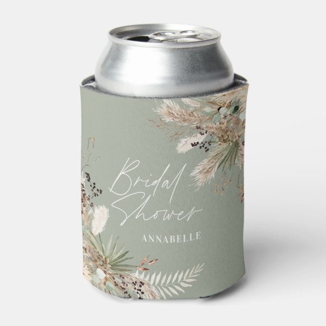 Bridal shower pampas eucalyptus modern sage green can cooler (Can Front)