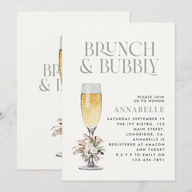 Bridal shower pampas grass brunch and bubbly invit invitation (Front/Back)
