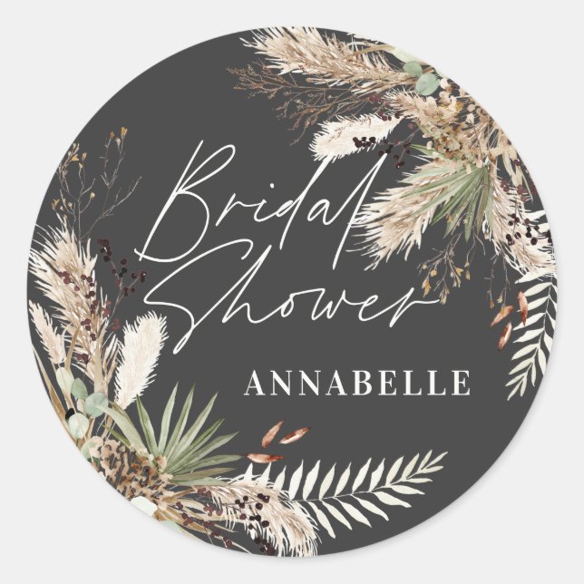 Bridal shower pampas grass modern black elegant  classic round sticker (Front)